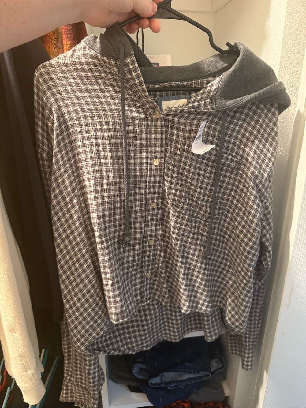 Women’s Gray Plaid Button-Up Hoodie Sweater